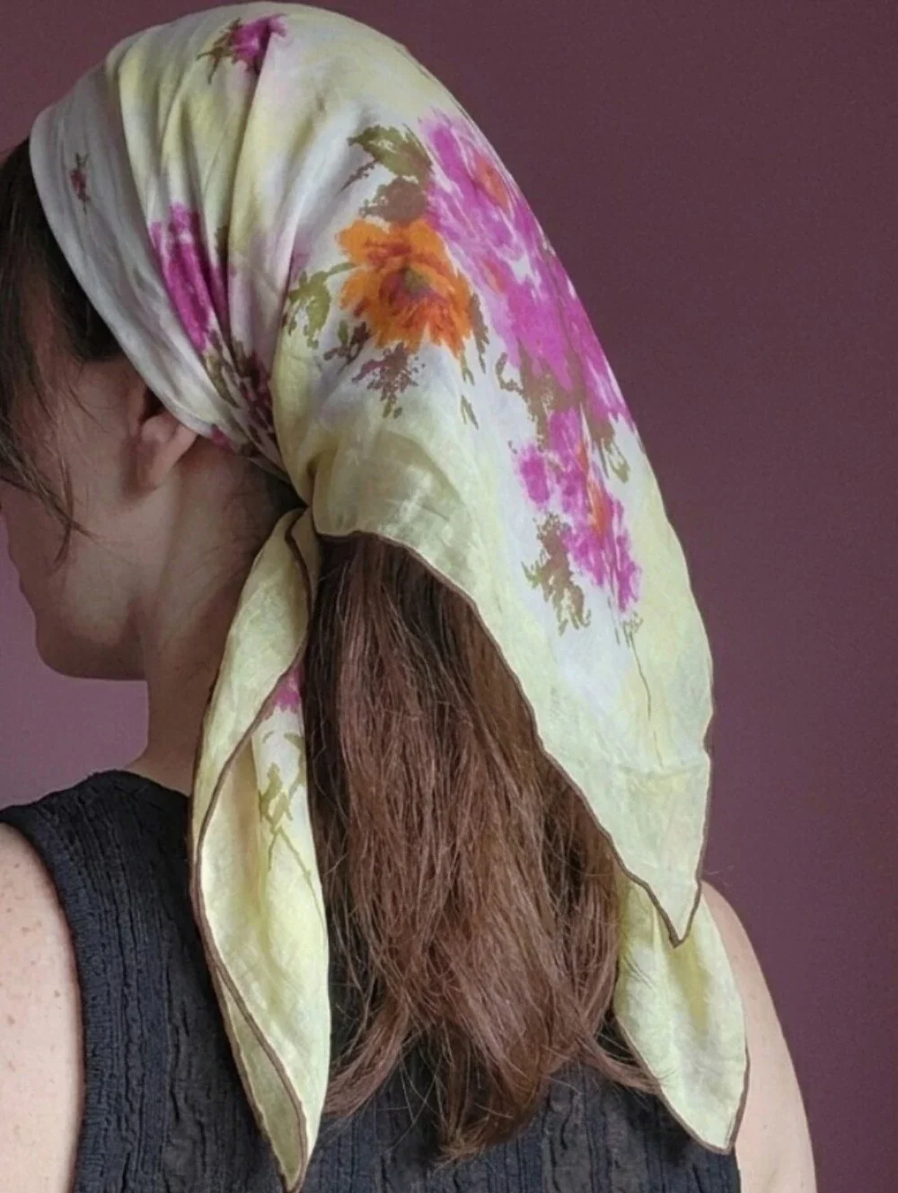 Floral Triangle Silk-Feel Scarf in Yellow and Pink